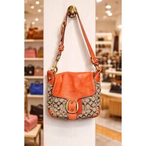 Coach Vintage Bleecker Signature Flap Shoulder Bag Tan and Burnt Orange Leather